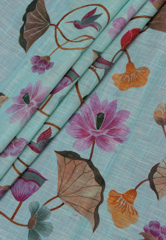 Khadi Digital Print Saree With Green and Border with Blue Shade - (SA-543)