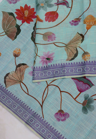 Khadi Digital Print Saree With Green and Border with Blue Shade - (SA-543)