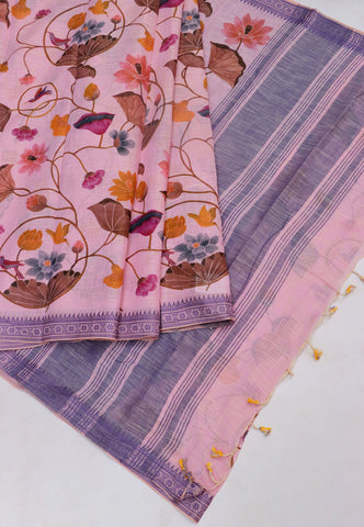Khadi Digital Print Saree With Cream and Border with Blue Shade - (SA-544)