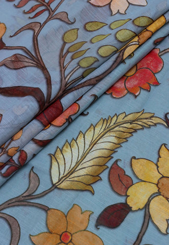 Khadi Digital Print Saree With Gray Brown and Border with Green Shade - (SA-527)