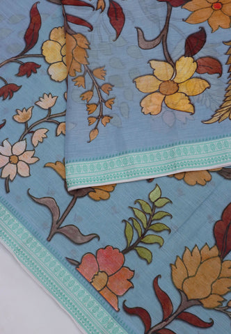 Khadi Digital Print Saree With Gray Brown and Border with Green Shade - (SA-527)