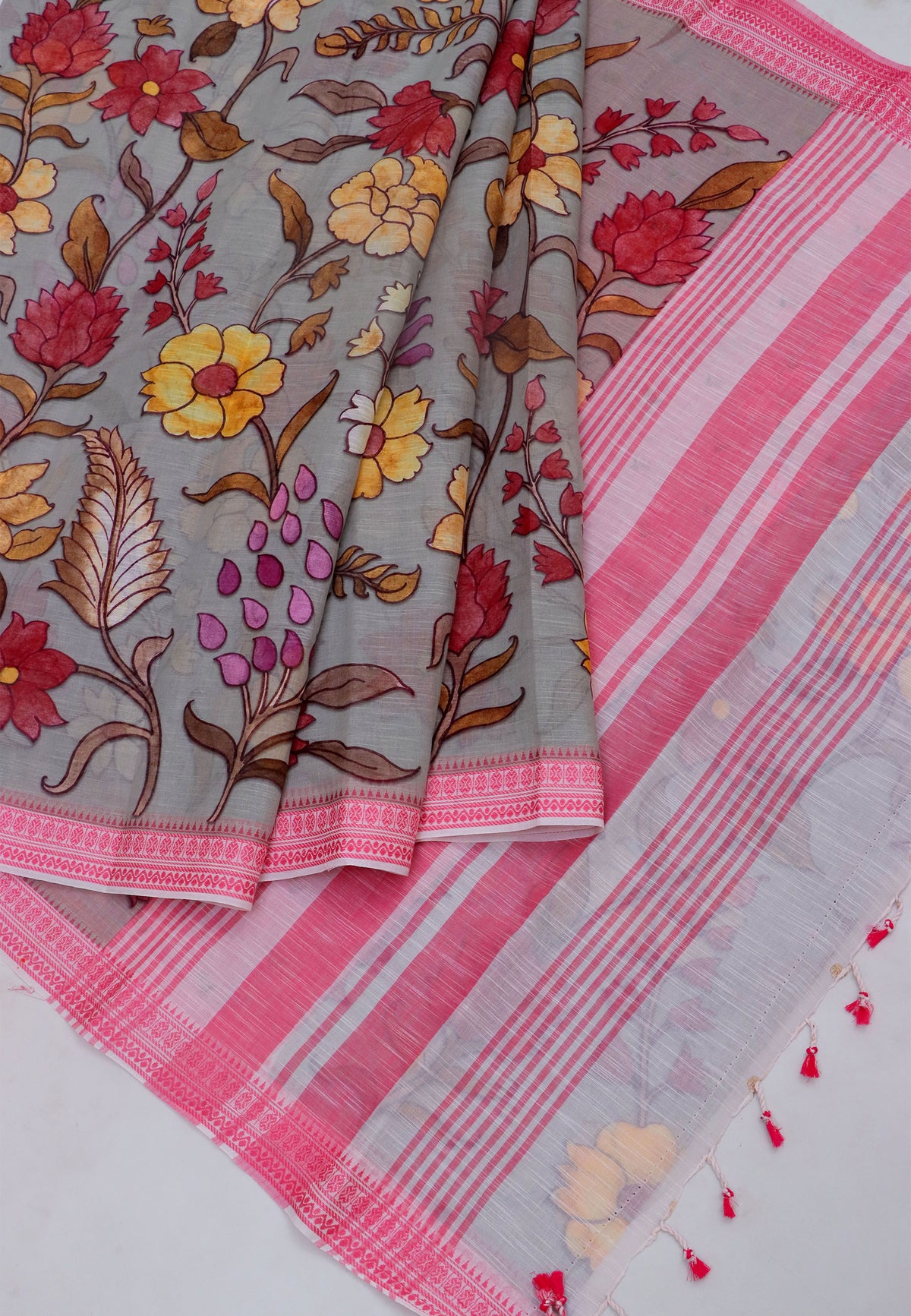 Khadi Digital Print Saree With White Brown and Border with Pink Shade - (SA-525)