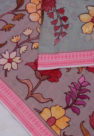 Khadi Digital Print Saree With White Brown and Border with Pink Shade - (SA-525)