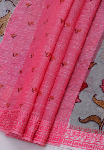 Khadi Digital Print Saree With White Brown and Border with Pink Shade - (SA-525)
