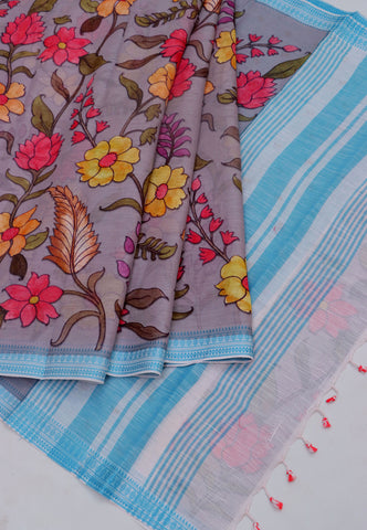 Khadi Digital Print Saree With White Brown and Border with Blue Shade - (SA-526)