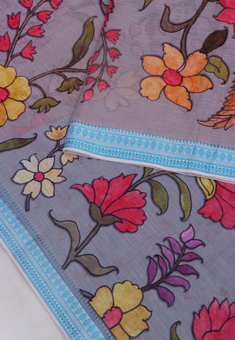 Khadi Digital Print Saree With White Brown and Border with Blue Shade - (SA-526)