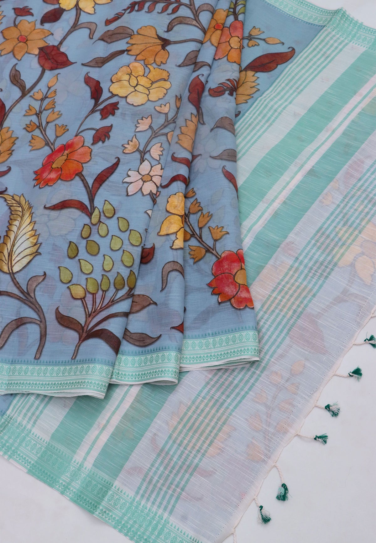 Khadi Digital Print Saree With Gray Brown and Border with Green Shade - (SA-527)