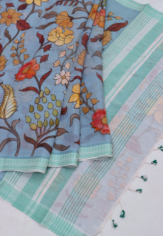 Khadi Digital Print Saree With Gray Brown and Border with Green Shade - (SA-527)