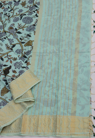 Khadi Digital Print Saree With Green and Border with Gold Shade - (SA-548)
