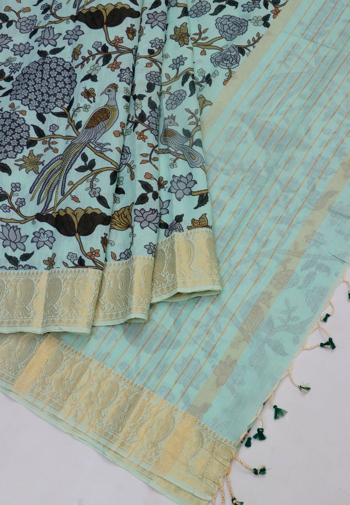 Khadi Digital Print Saree With Green and Border with Gold Shade - (SA-548)