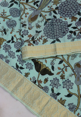 Khadi Digital Print Saree With Green and Border with Gold Shade - (SA-548)