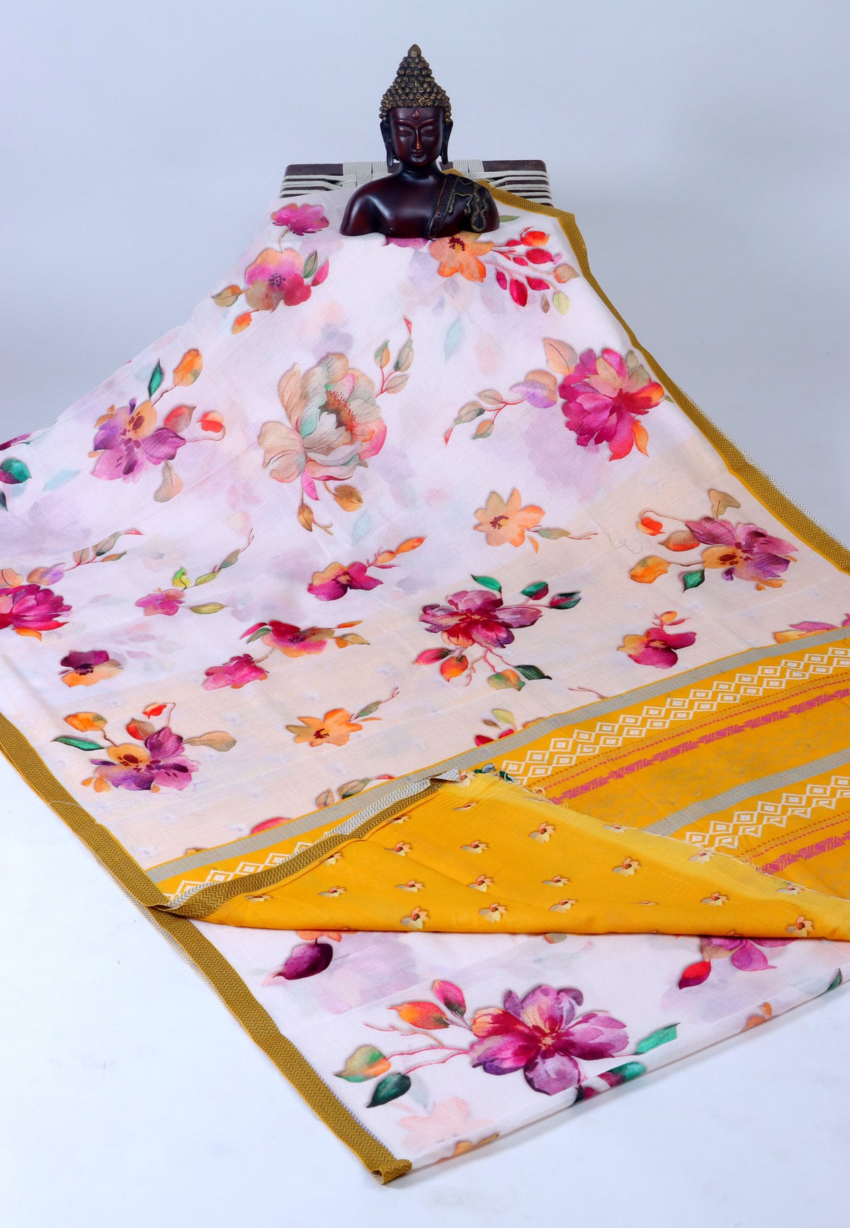 Digital Saree with White Colour and Border With Gold Shade-(SA-701)