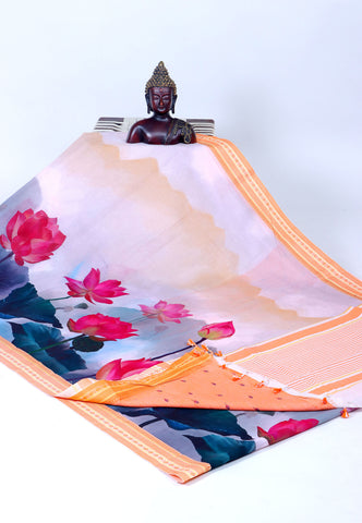 Digital Saree with Gray Colour and Border With Orange Shade-(SA-713)