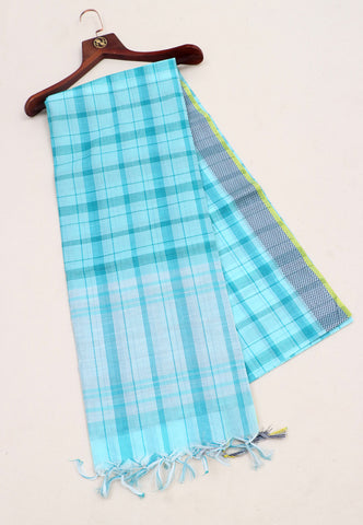 Kollam Stripes and Checks Khadi Saree With Blue Colour and Border with Blue Shade-(SA-561)