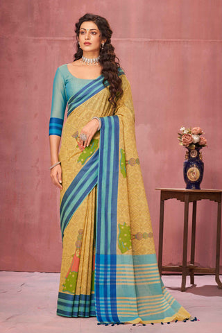 Kanchi Cotton Saree In Girl With Pot Print With Texture -(SA-202) - Dakshin Weaves