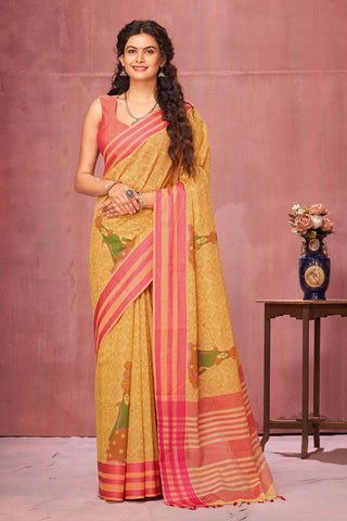 Kanchi Cotton Saree In Girl With Pot Print With Texture -(SA-202) - Dakshin Weaves
