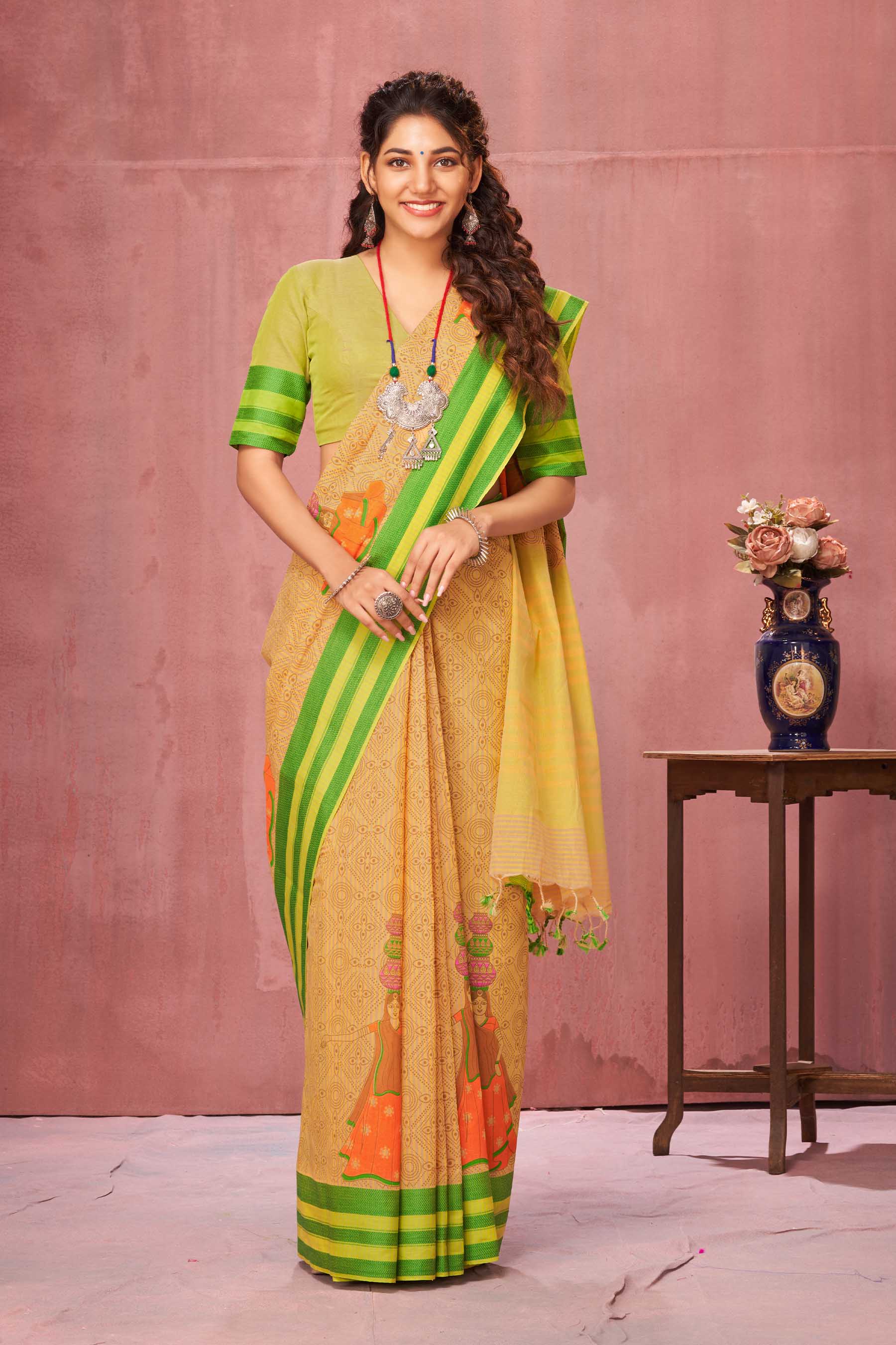 Kanchi Cotton Saree In Girl With Pot Print With Texture -(SA-202) - Dakshin Weaves
