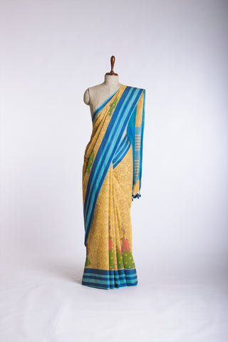 Kanchi Cotton Saree In Girl With Pot Print With Texture -(SA-202) - Dakshin Weaves