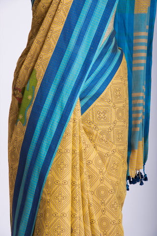 Kanchi Cotton Saree In Girl With Pot Print With Texture -(SA-202) - Dakshin Weaves