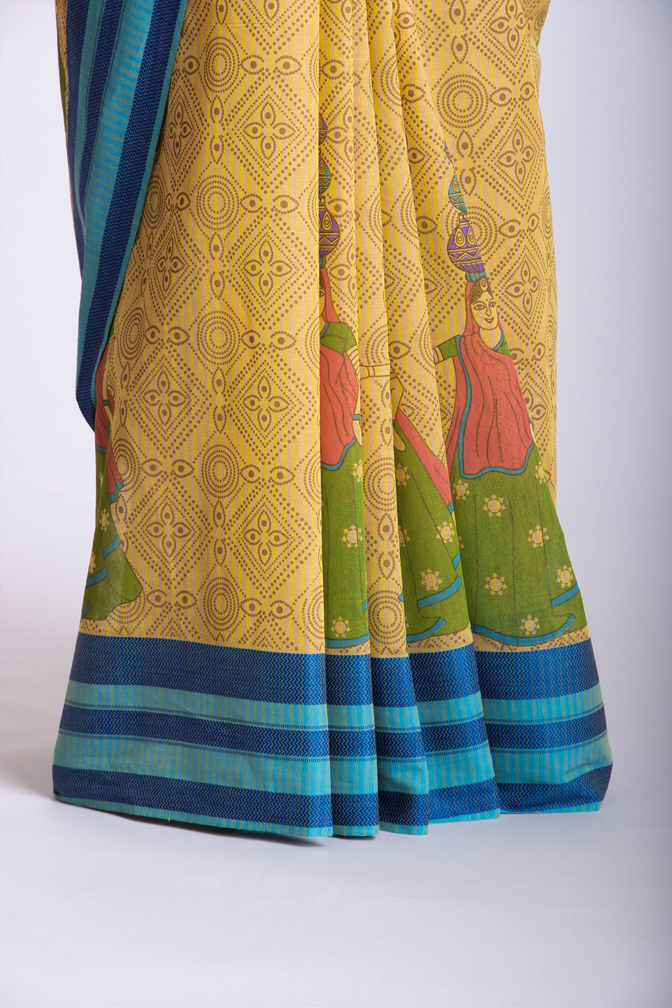 Kanchi Cotton Saree In Girl With Pot Print With Texture -(SA-202) - Dakshin Weaves