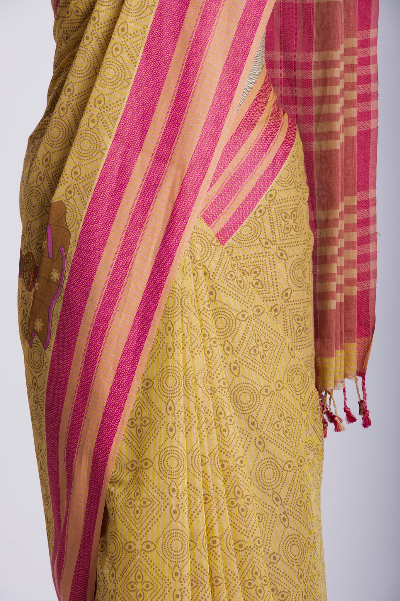 Kanchi Cotton Saree In Girl With Pot Print With Texture -(SA-202) - Dakshin Weaves