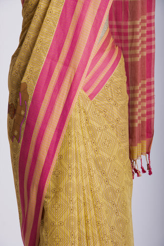 Kanchi Cotton Saree In Girl With Pot Print With Texture -(SA-202) - Dakshin Weaves