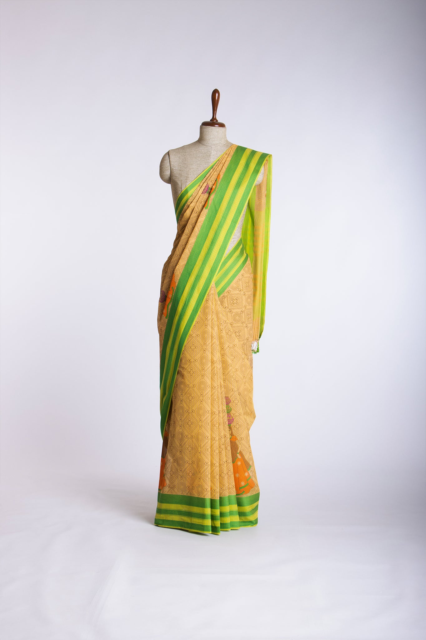 Kanchi Cotton Saree In Girl With Pot Print With Texture -(SA-202) - Dakshin Weaves