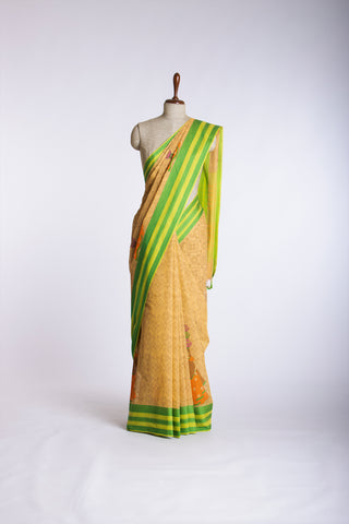 Kanchi Cotton Saree In Girl With Pot Print With Texture -(SA-202) - Dakshin Weaves