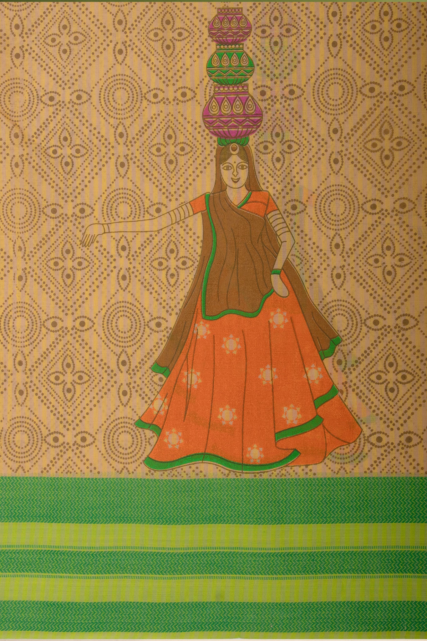 Kanchi Cotton Saree In Girl With Pot Print With Texture -(SA-202) - Dakshin Weaves