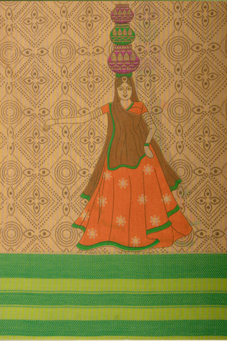 Kanchi Cotton Saree In Girl With Pot Print With Texture -(SA-202) - Dakshin Weaves