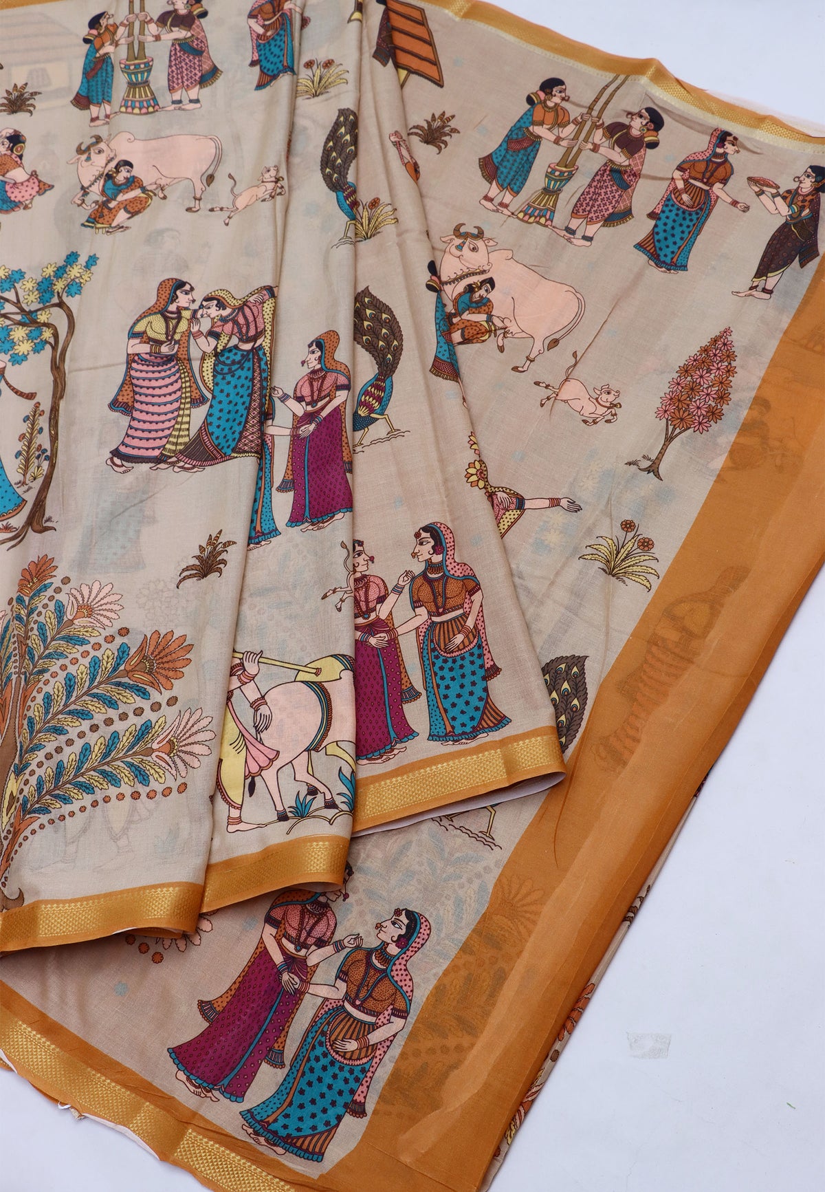 Mal Khadi Digital Print Saree With Brown Collur and Border with Yellow Shade - (SA-440)