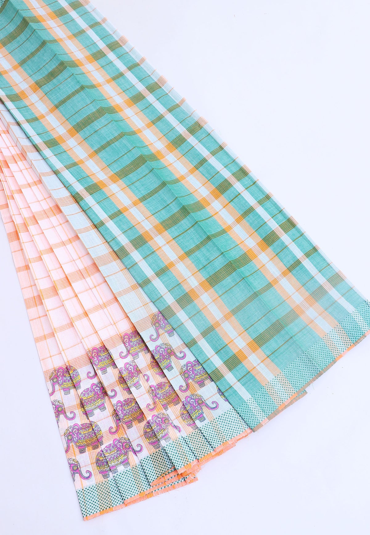 Kanchi Cotton Print With Orange Collur and Border with Green Shade - (SA-325)