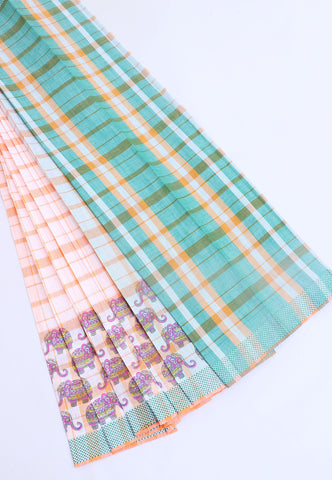 Kanchi Cotton Print With Orange Collur and Border with Green Shade - (SA-325)