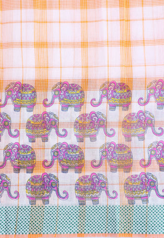 Kanchi Cotton Print With Orange Collur and Border with Green Shade - (SA-325)