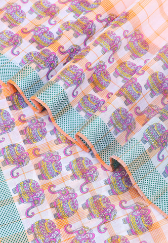 Kanchi Cotton Print With Orange Collur and Border with Green Shade - (SA-325)
