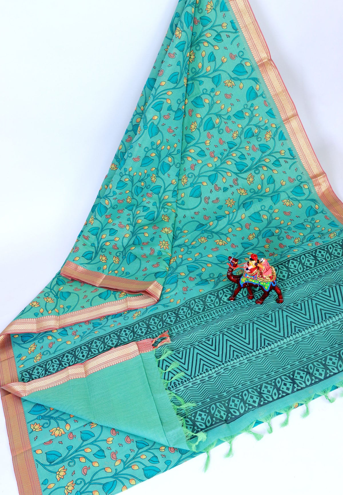Kanchi Cotton Print Saree with Green Colour and Border With Red Shade-(SA-717)