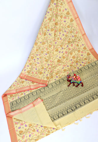 Kanchi Cotton Print Saree with Yellow Colour and Border With Red Shade-(SA-718)