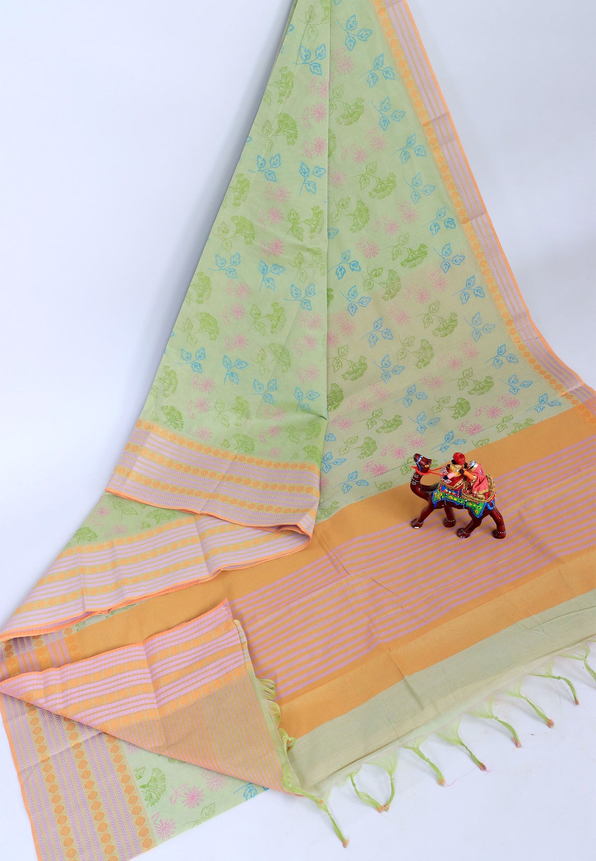 Kanchi Cotton Print Saree with Green Colour and Border With Orange Shade-(SA-719)