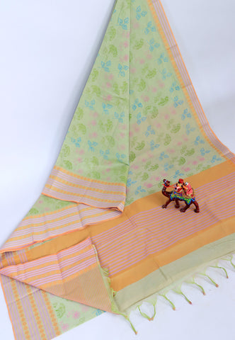 Kanchi Cotton Print Saree with Green Colour and Border With Orange Shade-(SA-719)