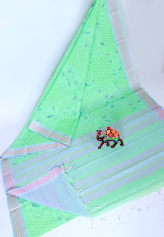 Kanchi Cotton Print Saree with Green Colour and Border With Gray Shade-(SA-727)
