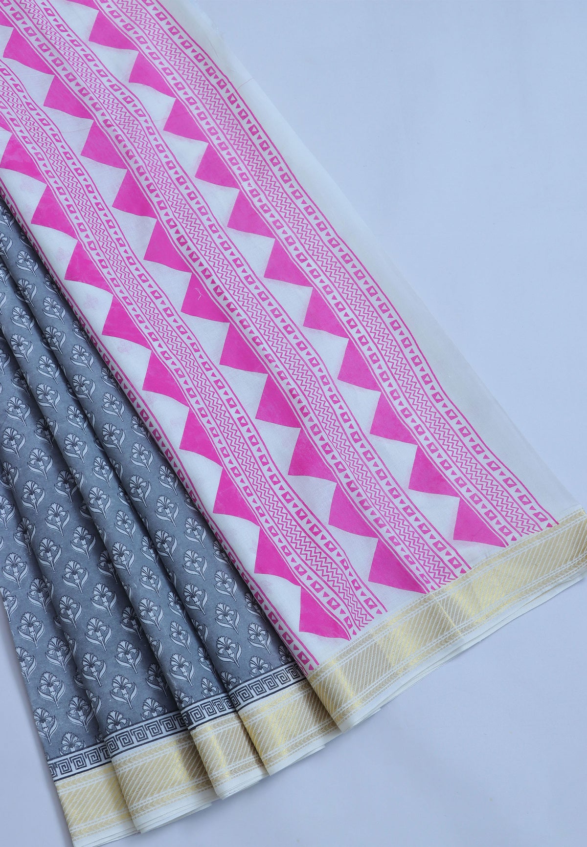 Kerala Cotton Print With Gray Collur and Border with Gold Shade - (SA-319)
