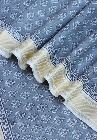 Kerala Cotton Print With Gray Collur and Border with Gold Shade - (SA-319)