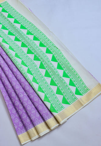Kerala Cotton Print With Violet Collur and Border with Gold Shade - (SA-318)