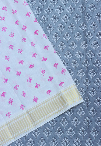 Kerala Cotton Print With Gray Collur and Border with Gold Shade - (SA-319)