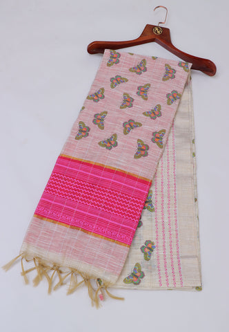 Semi Linen Print With Cream Collur and Border with Red Shade - (SA-303)