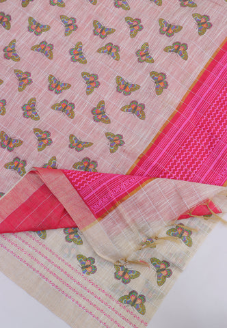 Semi Linen Print With Cream Collur and Border with Red Shade - (SA-303)