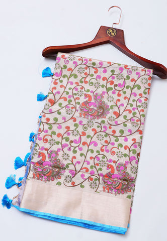 Tissue Print With Cream Collur and Border with Blue Shade - (SA-313)