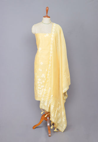 Linen Dress Meterials in peacock with embroidery works and brown colour-(SA-002)