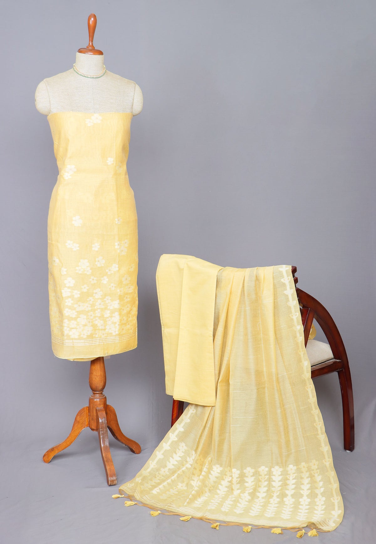 Linen Dress Meterials in peacock with embroidery works and brown colour-(SA-002)