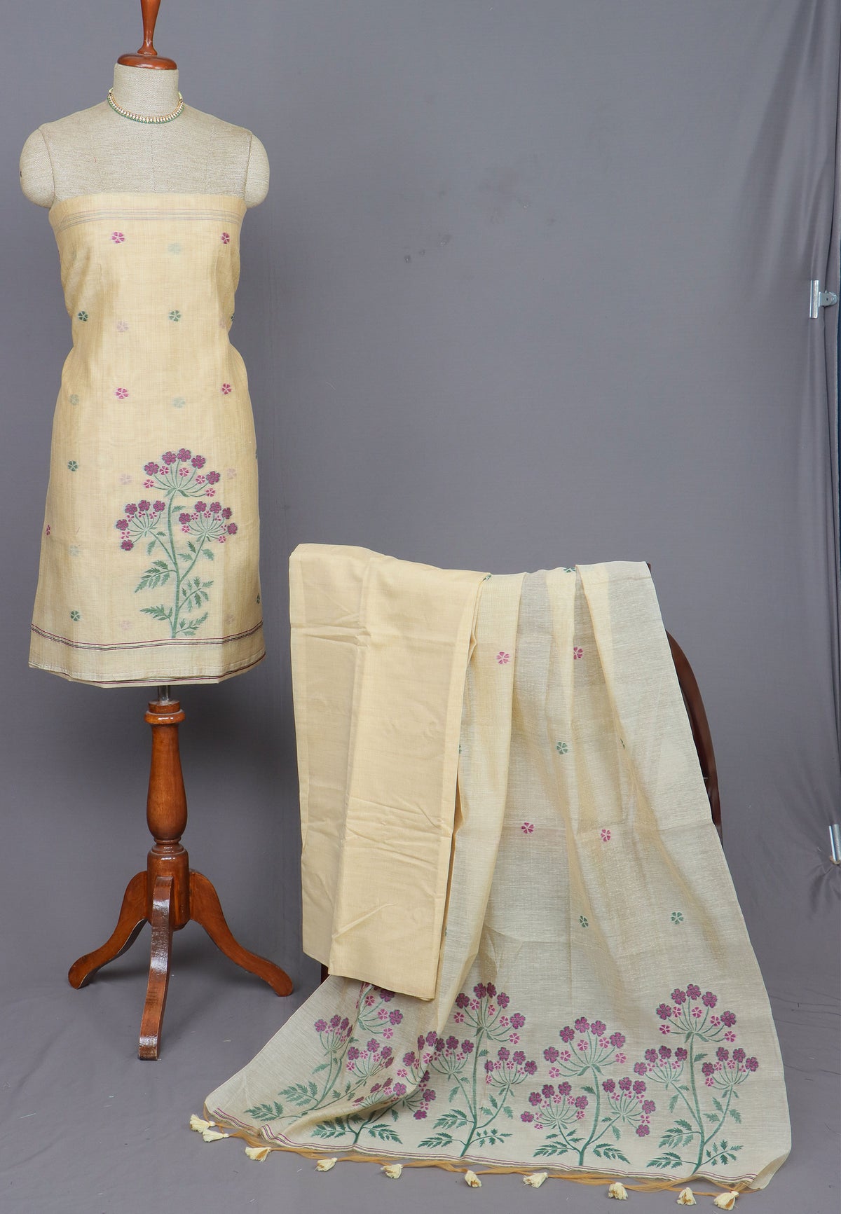 Linen Dress Meterials in peacock with embroidery works and Beige colour-(SA-016)